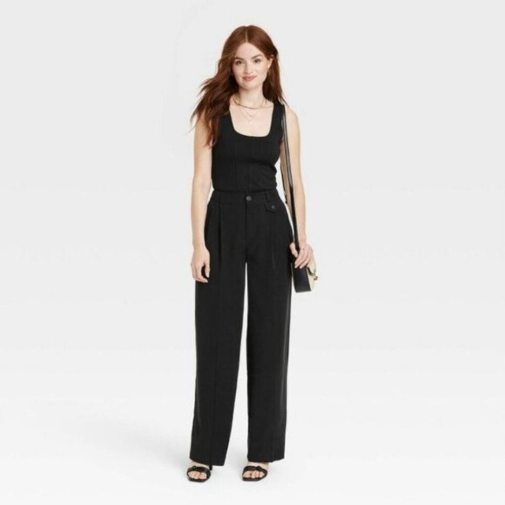 Black Pleated Trousers Women High Rise Relaxed Fit Baggy Wide Leg Pant A New Day